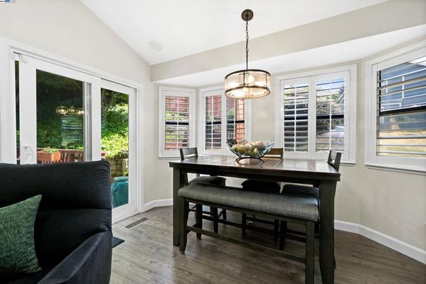 Dining room, Interior, Pendant Lights, Wood Texture Flooring