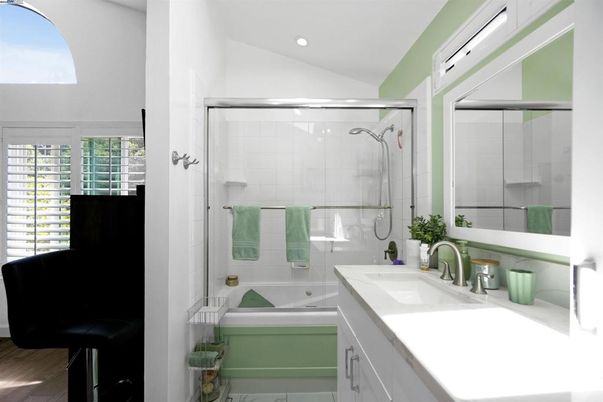 Bathroom, Glass Shower, Interior, Recessed Lighting, Wood Texture Flooring