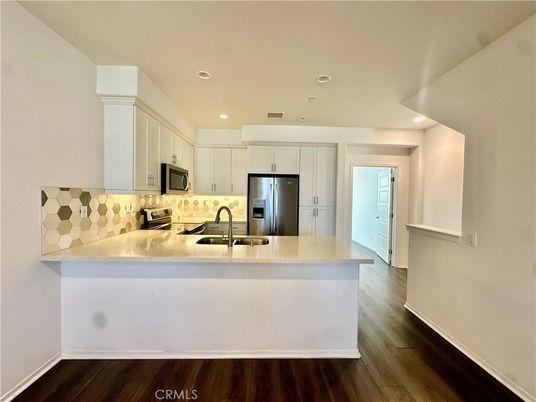 Interior, Kitchen, Recessed Lighting, Stainless Steel Appliances, Wood Texture Flooring