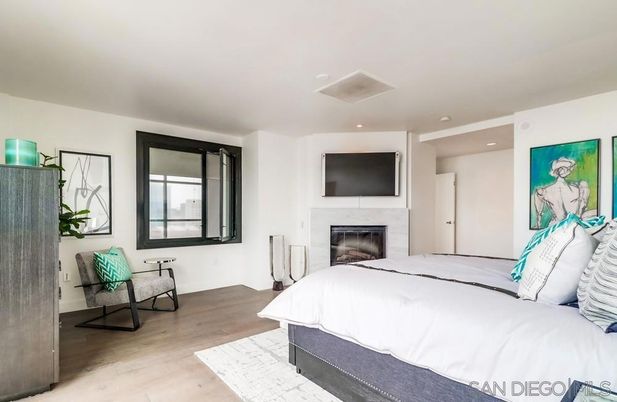 Bedroom, Fireplace, Interior, Recessed Lighting, Wood Texture Flooring