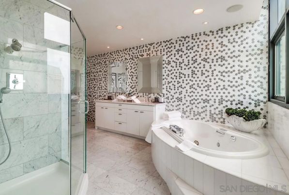Bathroom, Glass Shower, Interior, Marble, Marble Walls, Recessed Lighting