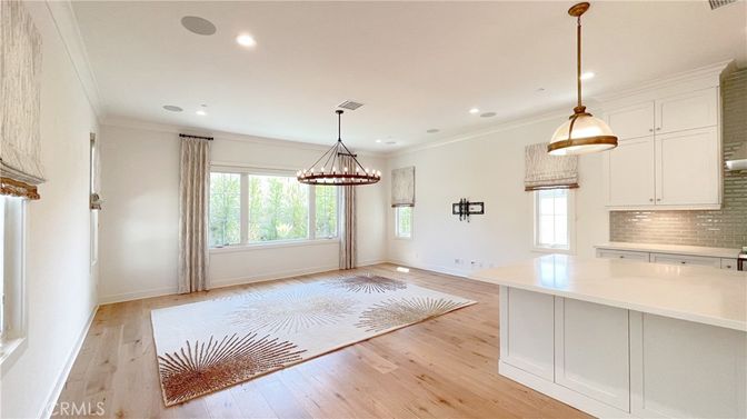 Empty room, Interior, Kitchen, Pendant Lights, Recessed Lighting, Wood Texture Flooring