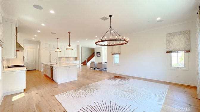 Chandelier, Interior, Kitchen, Pendant Lights, Recessed Lighting, Wood Texture Flooring
