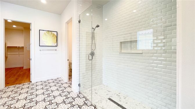 Bathroom, Glass Shower, Interior, Recessed Lighting, Wood Texture Flooring