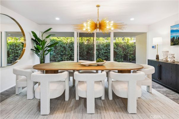 Dining room, Interior, Pendant Lights, Recessed Lighting, Wood Texture Flooring