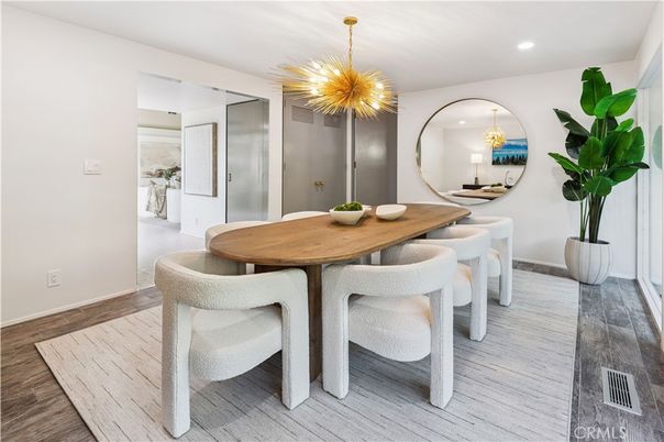 Dining room, Interior, Pendant Lights, Recessed Lighting, Wood Texture Flooring