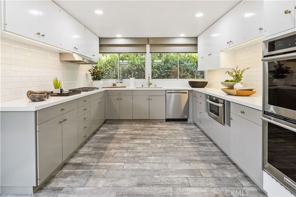 Interior, Kitchen, Recessed Lighting, Stainless Steel Appliances, Wood Texture Flooring