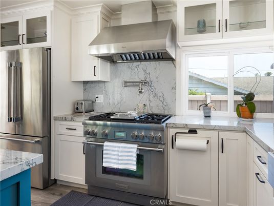 Interior, Kitchen, Marble Walls, Stainless Steel Appliances, Wood Texture Flooring