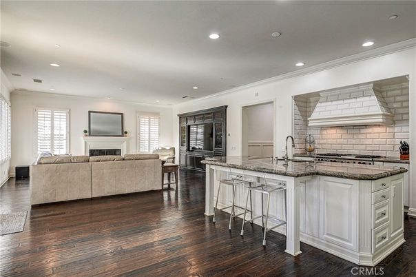 Fireplace, Interior, Kitchen, Living room, Recessed Lighting, Wood Texture Flooring