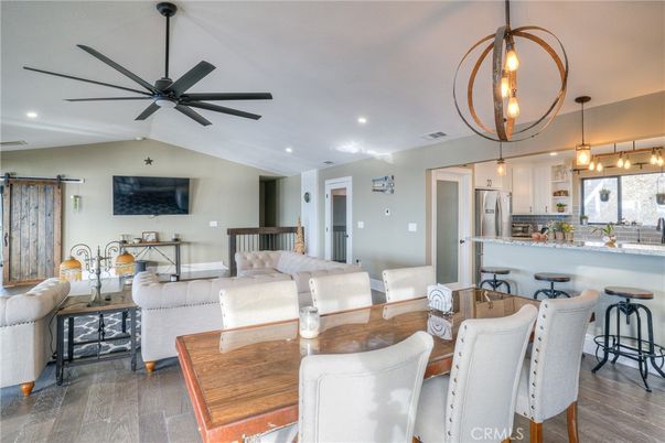 Dining room, Interior, Kitchen, Living room, Pendant Lights, Recessed Lighting, Wood Texture Flooring