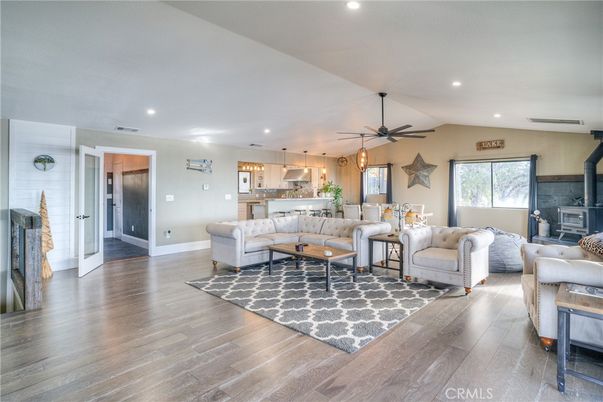 Fireplace, Interior, Kitchen, Living room, Pendant Lights, Recessed Lighting, Wood Texture Flooring