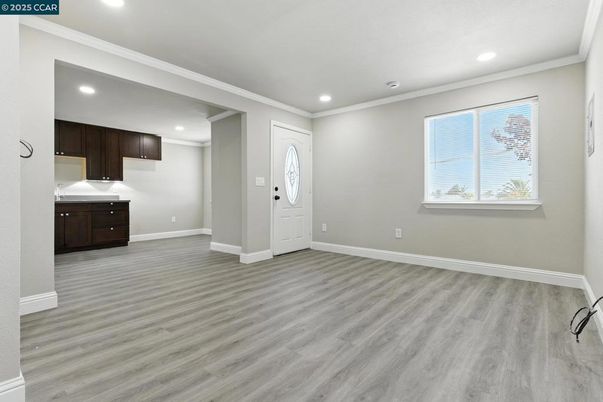 Empty room, Interior, Kitchen, Recessed Lighting, Wood Texture Flooring