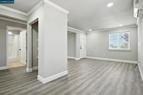 Empty room, Interior, Marble Walls, Recessed Lighting, Wood Texture Flooring