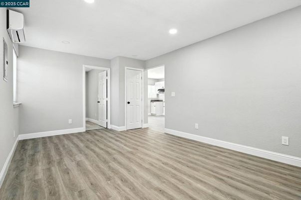 Empty room, Interior, Kitchen, Recessed Lighting, Wood Texture Flooring