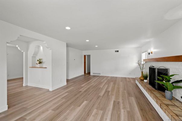 Empty room, Fireplace, Interior, Recessed Lighting, Wood Texture Flooring