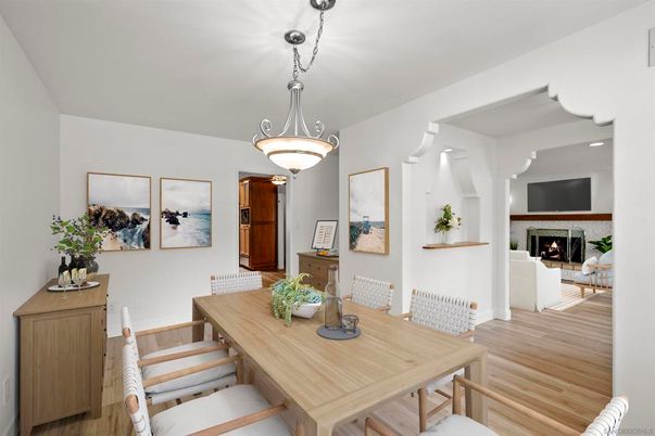 Dining room, Fireplace, Interior, Living room, Pendant Lights, Recessed Lighting, Wood Texture Flooring