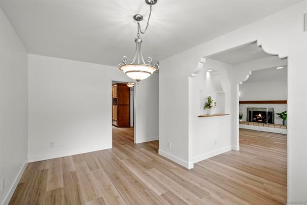 Empty room, Fireplace, Interior, Pendant Lights, Wood Texture Flooring
