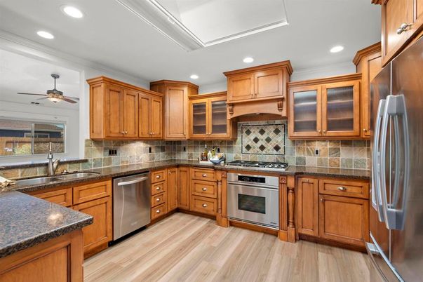 Interior, Kitchen, Recessed Lighting, Stainless Steel Appliances, Wood Texture Flooring