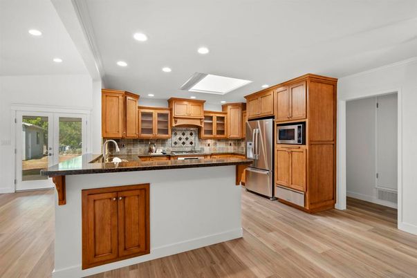 Interior, Kitchen, Recessed Lighting, Stainless Steel Appliances, Wood Texture Flooring