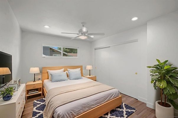 Bedroom, Interior, Recessed Lighting, Wood Texture Flooring