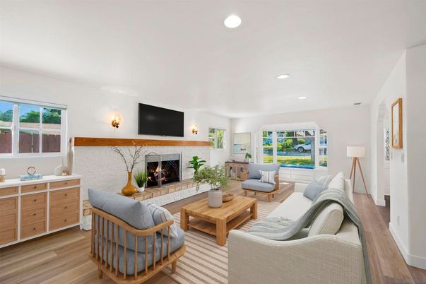 Fireplace, Interior, Living room, Recessed Lighting, Wood Texture Flooring