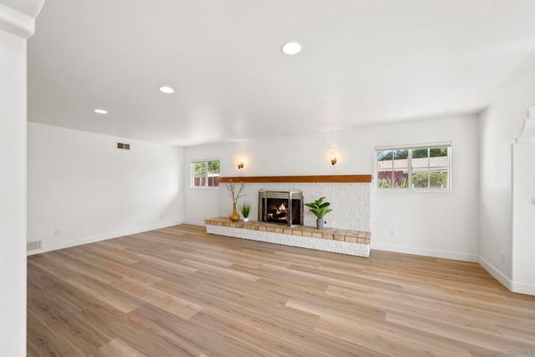 Empty room, Fireplace, Interior, Recessed Lighting, Wood Texture Flooring