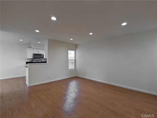 Empty room, Interior, Kitchen, Recessed Lighting, Wood Texture Flooring