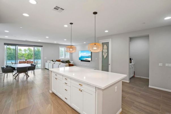 Dining room, Interior, Kitchen, Living room, Pendant Lights, Recessed Lighting, Wood Texture Flooring