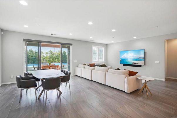 Dining room, Interior, Living room, Recessed Lighting, Wood Texture Flooring
