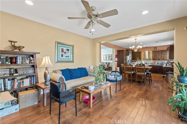 Chandelier, Dining room, Interior, Kitchen, Living room, Recessed Lighting, Wood Texture Flooring
