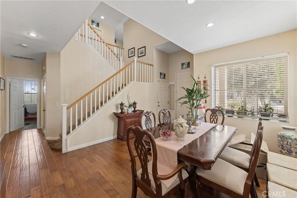 Dining room, Interior, Recessed Lighting, Wood Texture Flooring