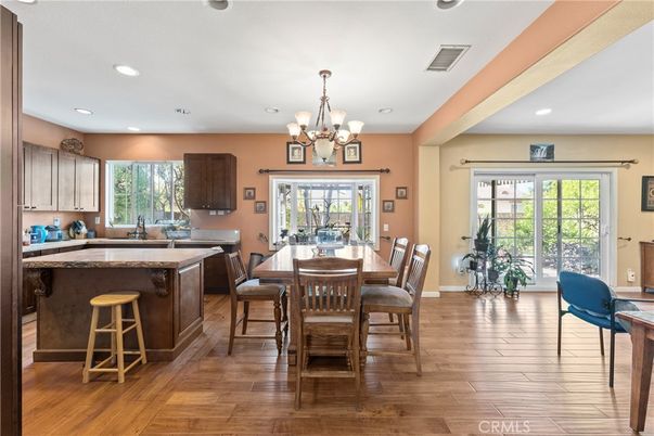 Chandelier, Dining room, Interior, Kitchen, Recessed Lighting, Wood Texture Flooring