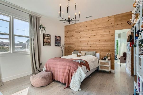 Bedroom, Chandelier, Interior, Wood Texture Flooring, Wooden Walls