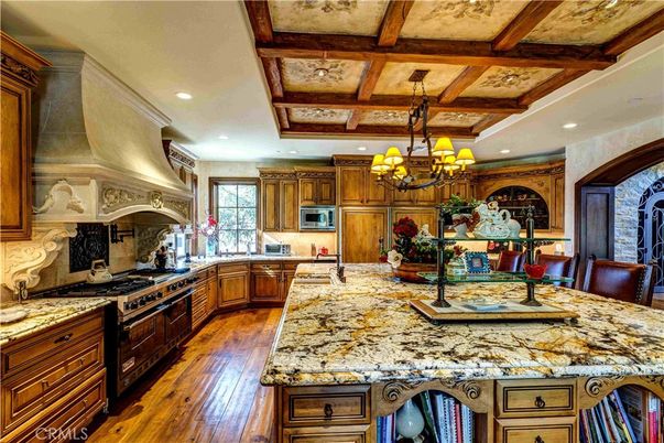 Chandelier, Interior, Kitchen, Recessed Lighting, Stainless Steel Appliances, Wooden Beams, Wood Texture Flooring
