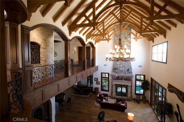 Chandelier, Fireplace, Interior, Living room, Wooden Beams, Wood Texture Flooring