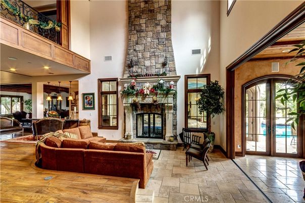 Dining room, Fireplace, Interior, Living room, Pendant Lights, Stone Walls
