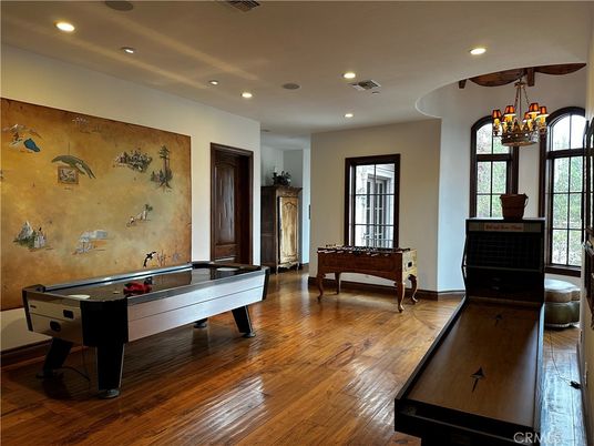 Billiard Table, Chandelier, Game Room, Interior, Recessed Lighting, Wood Texture Flooring