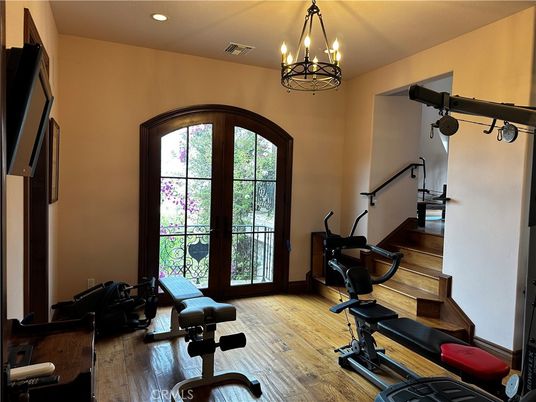 Chandelier, Fitness Equipment, Interior, Recessed Lighting, Wood Texture Flooring