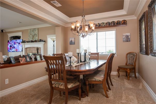 Chandelier, Dining room, Fireplace, Interior