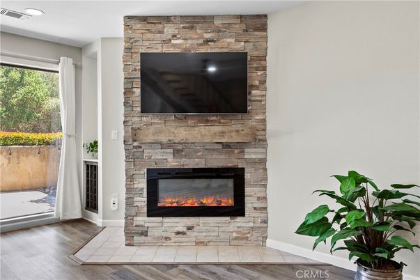 Fireplace, Interior, Recessed Lighting, Wood Texture Flooring