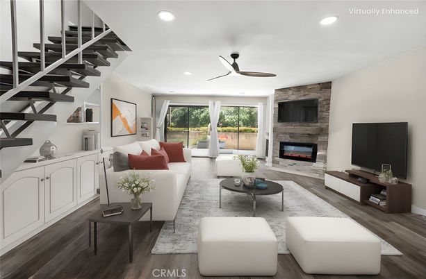 Fireplace, Interior, Living room, Recessed Lighting, Stone Walls, Wood Texture Flooring