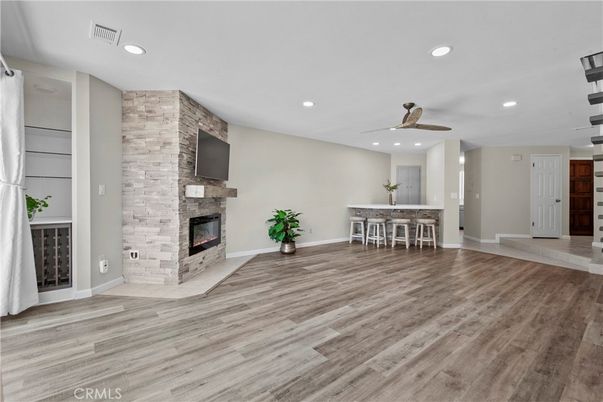 Fireplace, Interior, Recessed Lighting, Wood Texture Flooring