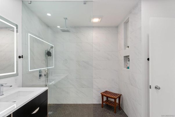 Bathroom, Glass Shower, Interior, Marble Walls, Recessed Lighting