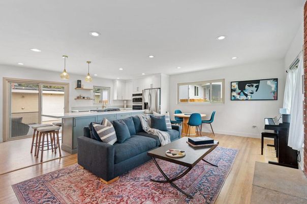 Dining room, Interior, Kitchen, Living room, Pendant Lights, Recessed Lighting, Stainless Steel Appliances, Wood Texture Flooring