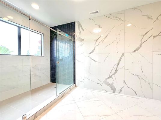 Bathroom, Glass Shower, Interior, Marble, Marble Walls, Recessed Lighting