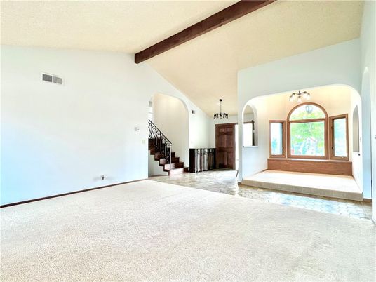 Chandelier, Empty room, Interior, Pendant Lights, Wooden Beams