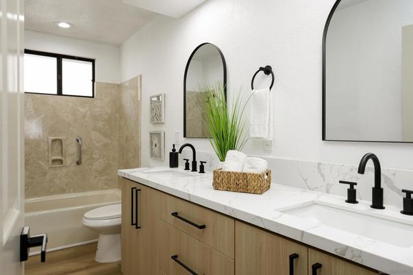 Bathroom, Dual Sink Vanities, Glass Shower, Interior, Recessed Lighting, Wood Texture Flooring