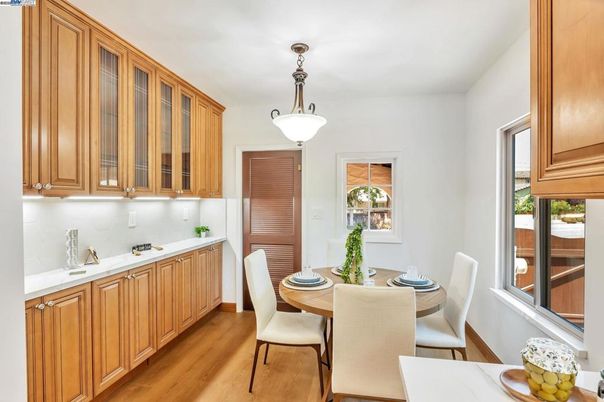 Dining room, Interior, Pendant Lights, Wood Texture Flooring