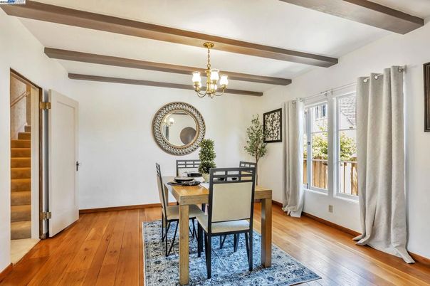 Chandelier, Dining room, Interior, Wooden Beams, Wood Texture Flooring