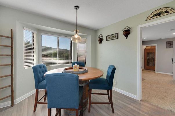 Dining room, Interior, Pendant Lights, Recessed Lighting, Wood Texture Flooring